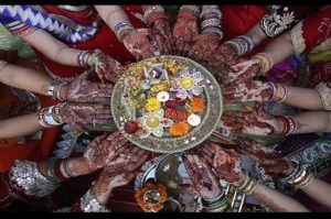 On Thursday Rambha Trij, women fast by adorning sixteen for husband's longevity and children's happiness.