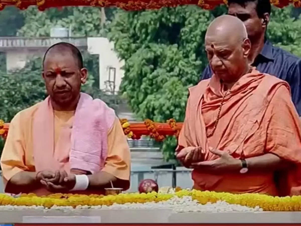 Yogi Adityanath laying the foundation stone in the sanctum sanctorum of Ayodhya temple