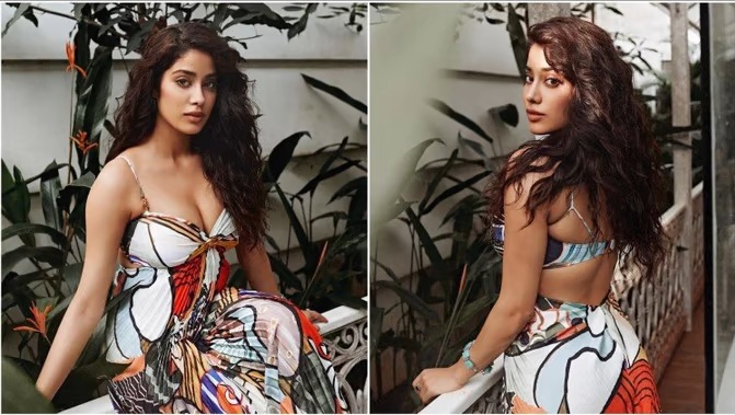 janhvi-kapoor-look-stunning-in-plunging-neckline-strappy-multicolor-maxi-dress