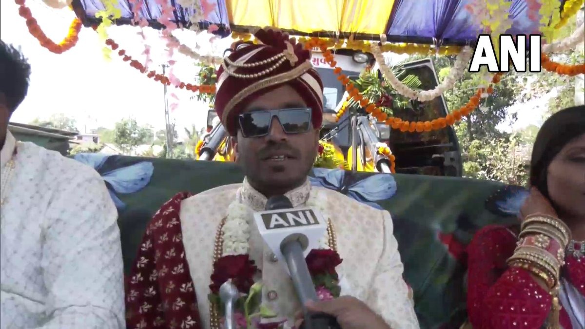 Neither horse nor carriage, the groom's ride on a bulldozer went viral on social media