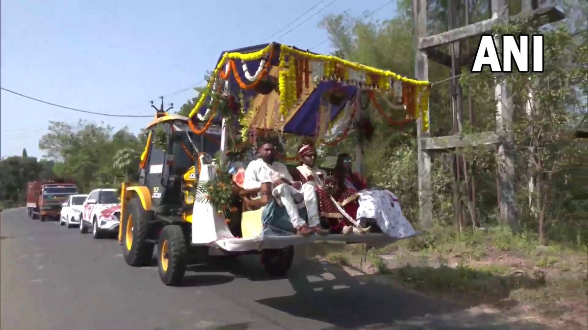 Neither horse nor carriage, the groom's ride on a bulldozer went viral on social media
