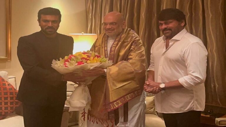 Ram Charan and his father Chiranjeevi meet Home Minister Amit Shah, congratulate him on 'NATU-NATU'